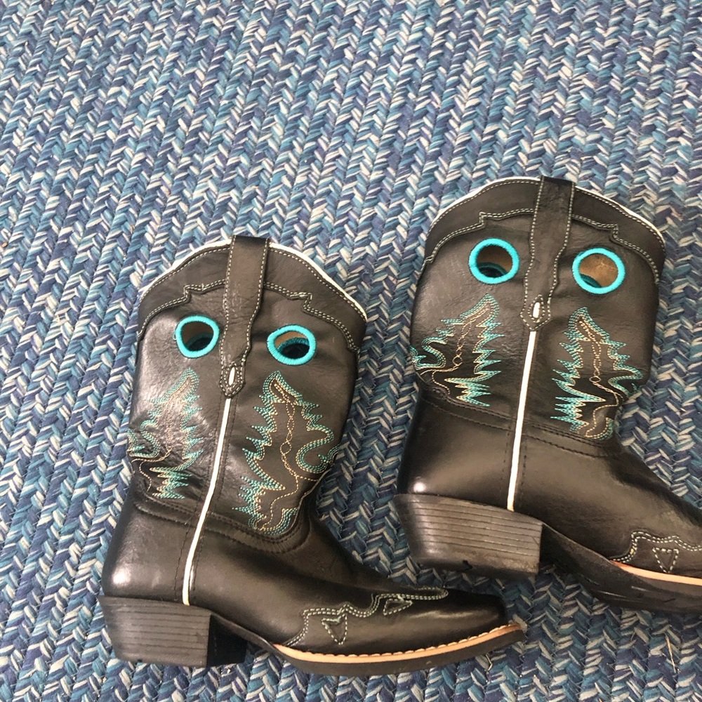 Smoky black leather cowboy boots child size 3 comp to size 5 women’s